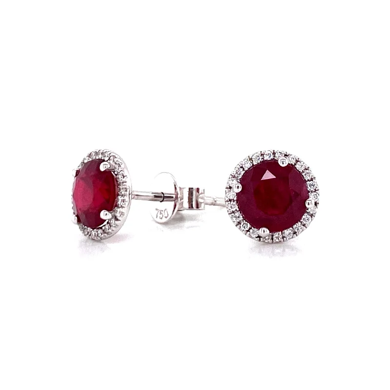 women's earrings high-end luxury -18K White Gold Diamond Halo + Ruby Stud Earrings