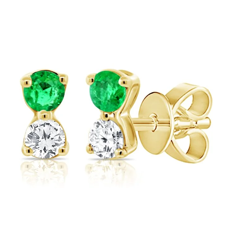 women's earrings huggie hoop -14K Yellow Gold Diamond + Emerald Stud Earrings