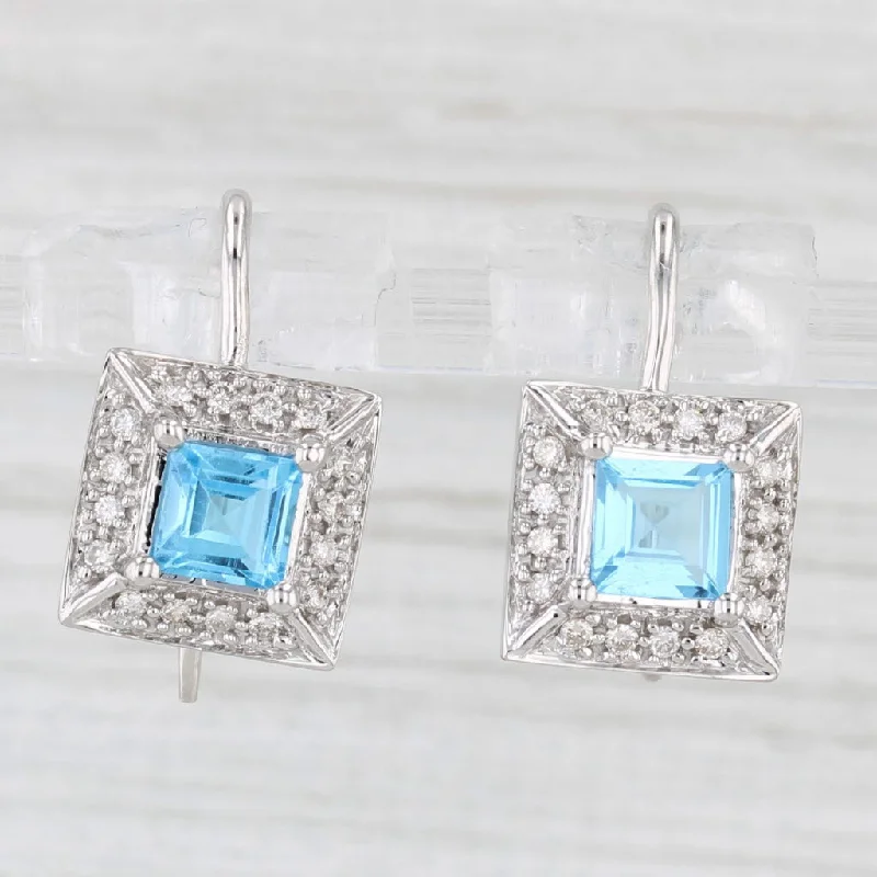 women's earrings modern fashion -1.80ctw Blue Topaz Diamond Halo Drop Earrings 14k White Gold Hook Posts