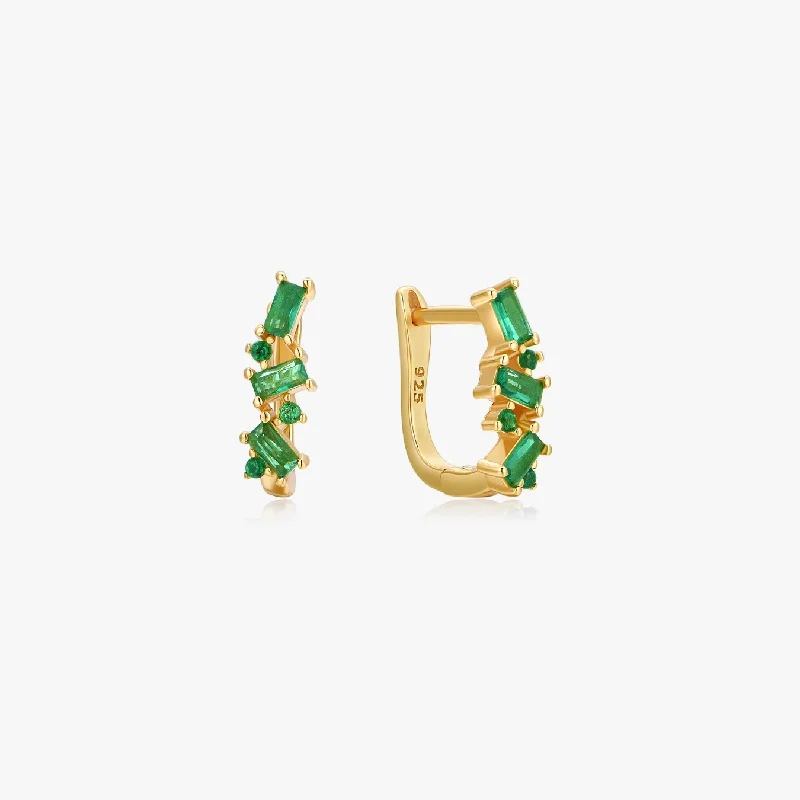 women's earrings big statement -Irregular Green Gems Huggies in Gold