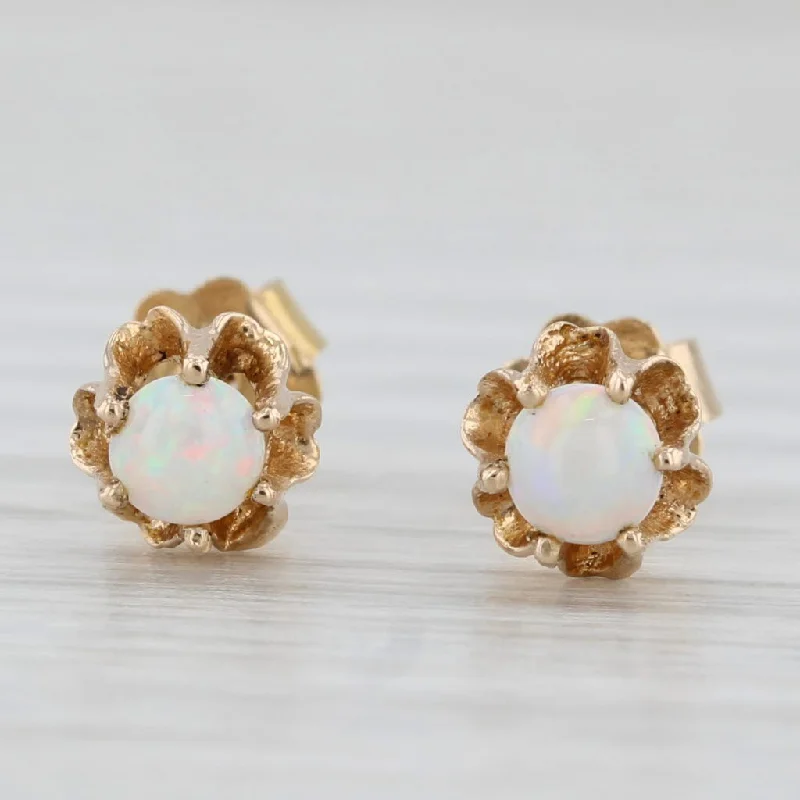 women's earrings with crystals -Opal Buttercup Stud Earrings 14k Yellow Gold Round Cabochon Solitaires