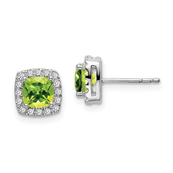 women's earrings for girlfriend -14k White Gold Cushion Peridot with Diamond Halo Earrings