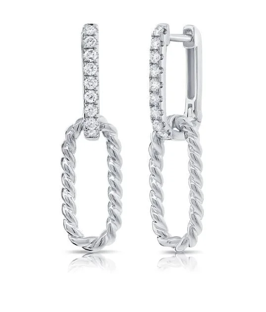 women's earrings pearl drop -14K White Diamond Cable paperclip Link Dangle Earrings