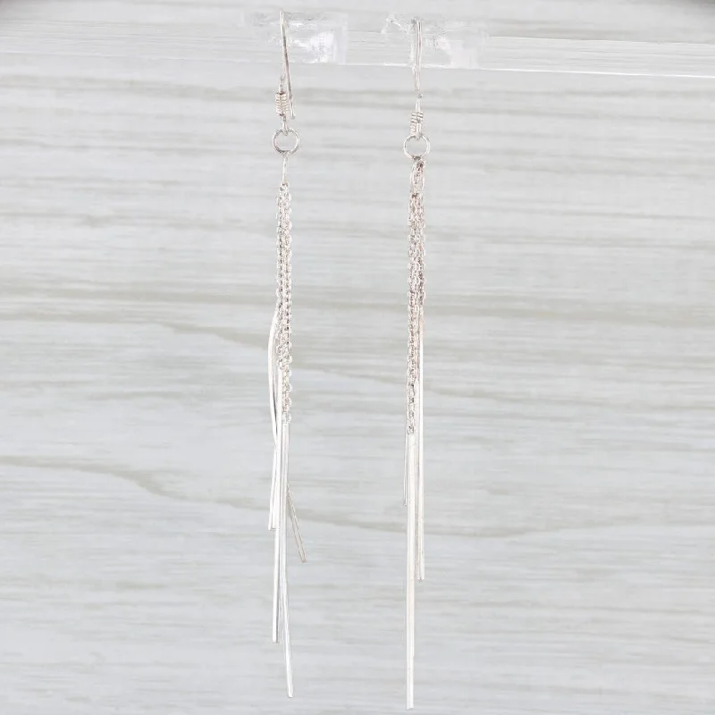 women's earrings bohemian design -Bar Fringe Dangle Earrings Sterling Silver Hook Posts