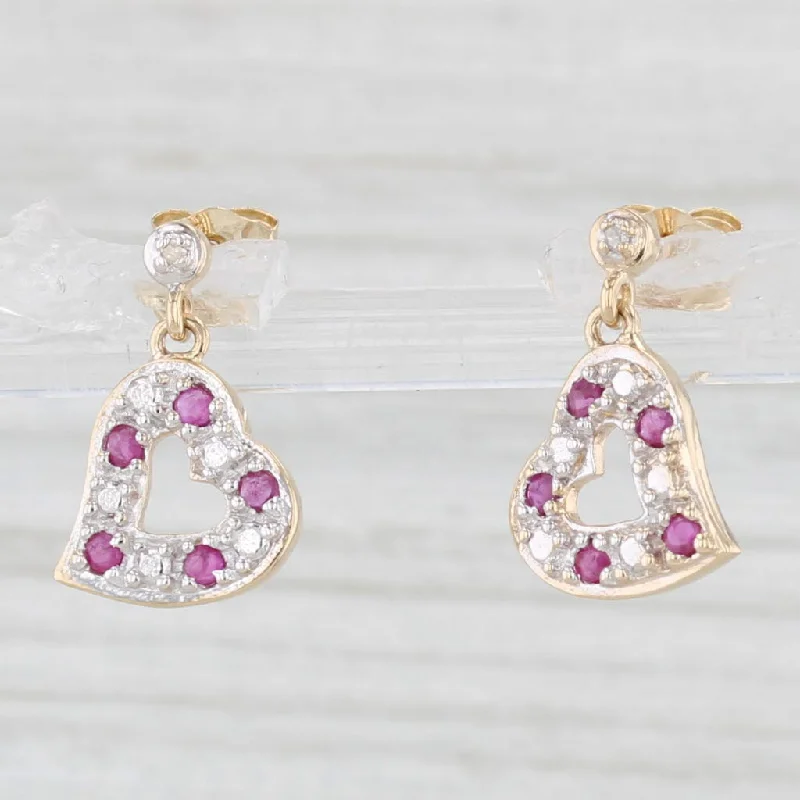 women's earrings luxury diamond -0.20ctw Ruby Diamond Heart Dangle Earrings 10k Yellow Gold