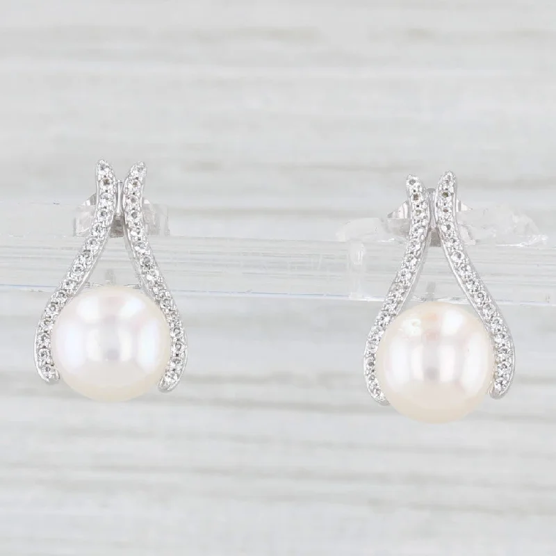 women's earrings simple hoop -New Cultured Pearl White Topaz Drop Earrings 10k White Gold