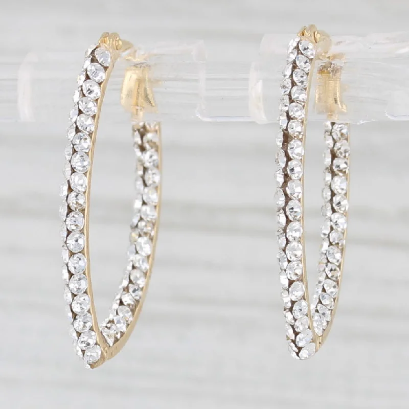 women's earrings clip on -Rhinestone Inside Out Hoop Earrings 14k Yellow Gold Snap Top Oval Hoops