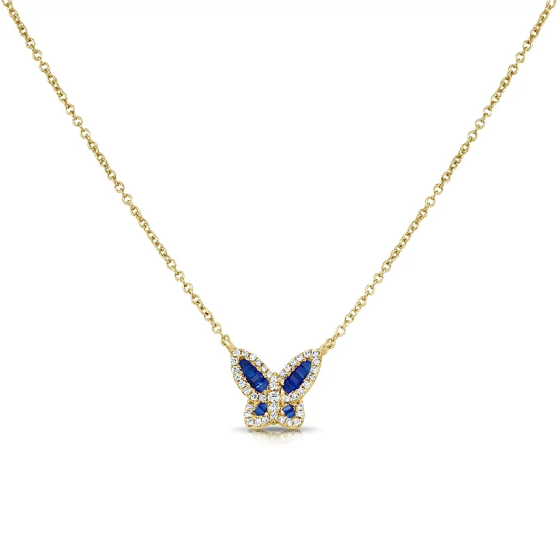 women's necklace fashion statement -Sapphire & Diamond Butterfly Pendant Necklace