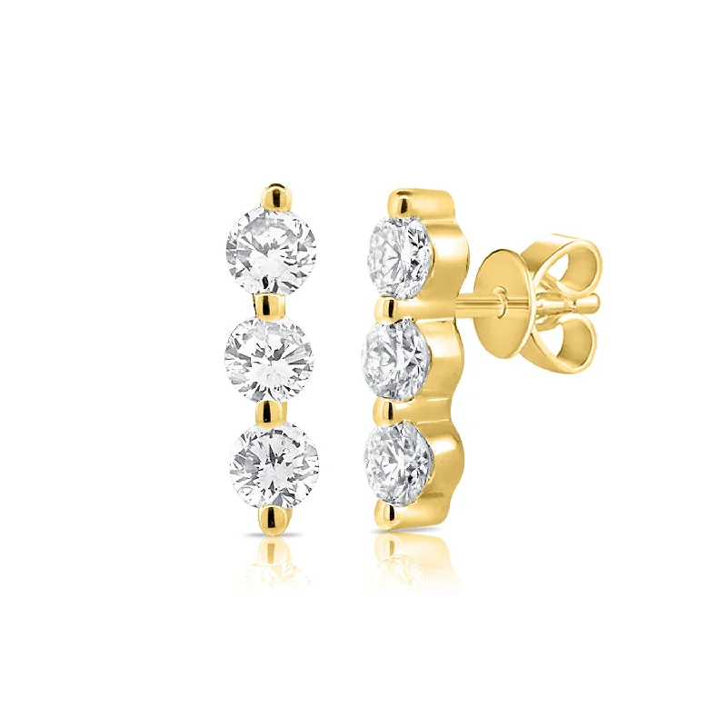 women's earrings high-end luxury -14K Yellow Gold Triple Diamond Bar Earrings