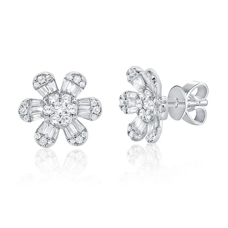 women's earrings sapphire gemstone -14K White Gold Diamond Baguette Flower Earrings