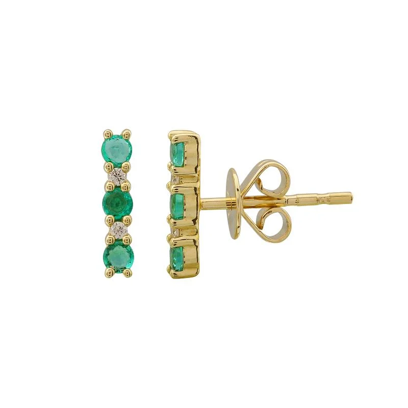 women's earrings small stud -14k Yellow Gold Diamond and Emerald Bar Earrings