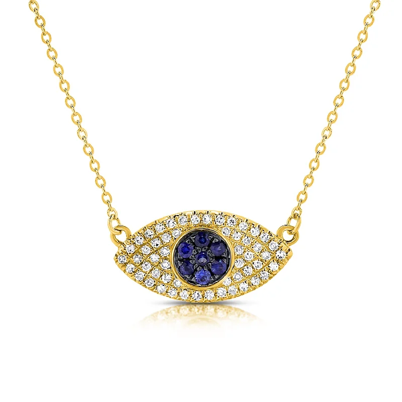 women's necklace with cubic zirconia -14K Gold Pave Diamond and Sapphire Evil Eye Necklace