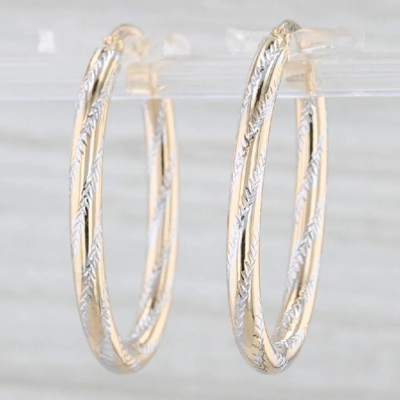 women's earrings cubic zirconia -New Two Toned Etched Oval 10k Yellow and White Gold Hoop Earrings