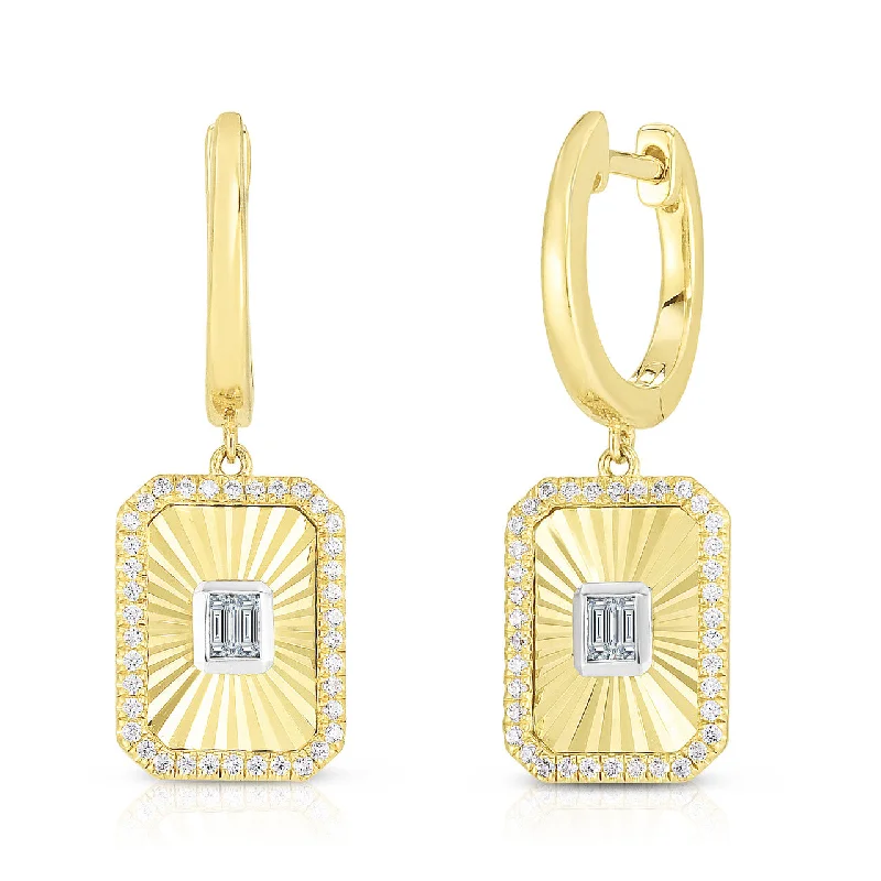 women's earrings fashion jewelry -14K Yellow Gold Fluted Baguette and Pave Diamond Earrings