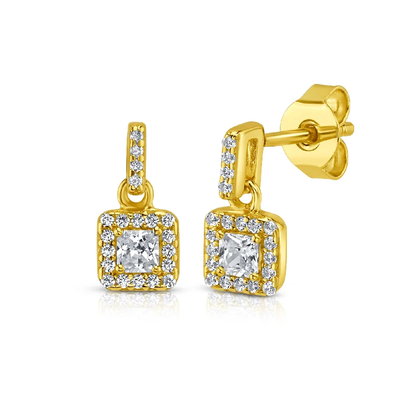 women's earrings diamond -MINI HALO PRINCESS DROP EARRINGS, GOLD