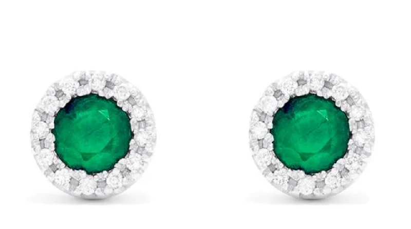 women's earrings bohemian design -14K White Gold Emerald and Diamond Stud Earrings