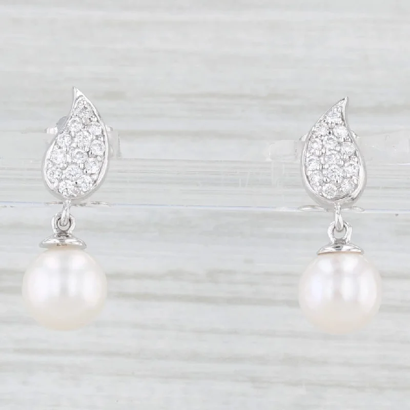 women's earrings mixed metal -New Cultured Pearl 0.20ctw Diamond Leaf Drop Earrings 14k White Gold