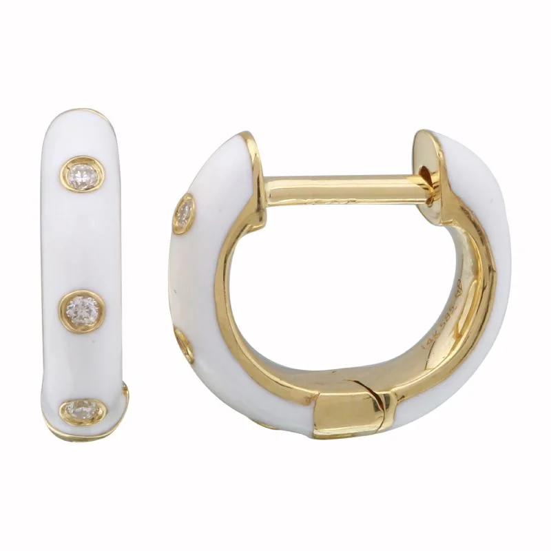 women's earrings simple design -14k Yellow Gold White Enamel & Diamond Huggie Earrings