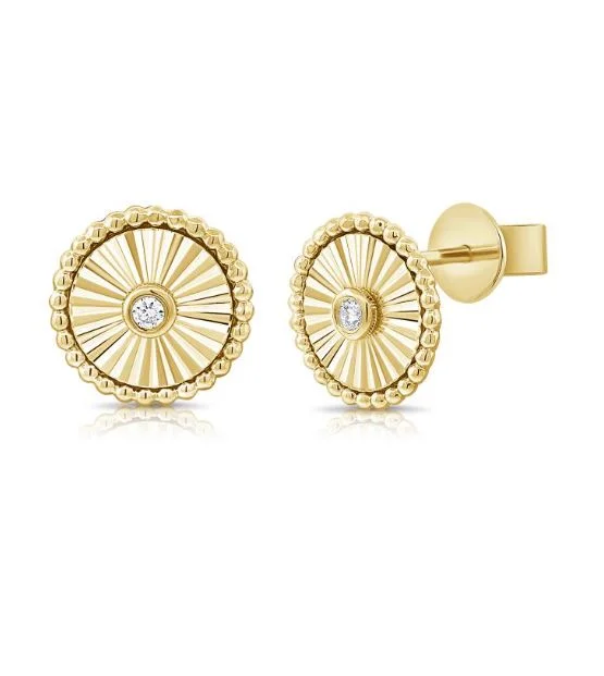 women's earrings for formal events -14K Yellow Diamond Fluted Disc Stud Earrings