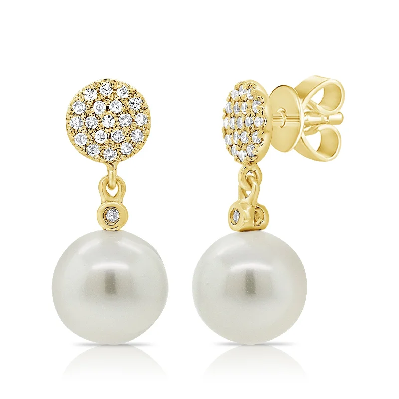 women's earrings lightweight -14K Yellow Gold Diamond Disc + Pearl Earrings