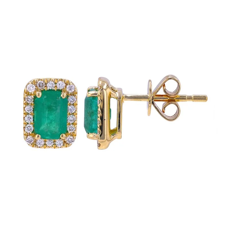 women's earrings cubic zirconia -14K Yellow Gold Diamond and Emerald Stud Earrings