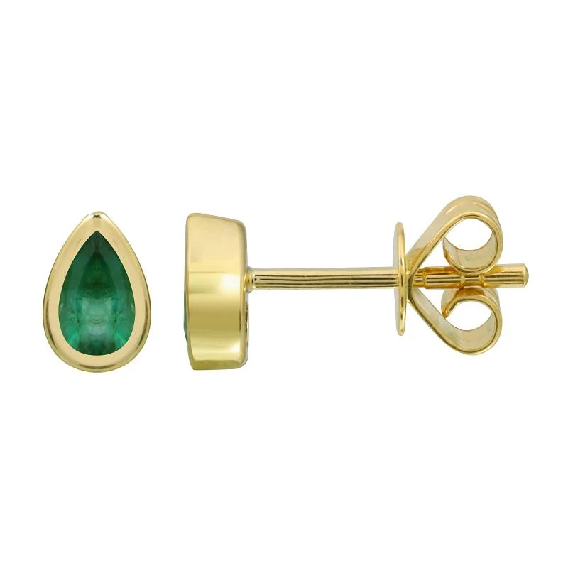 women's earrings flower design -14K Yellow Gold Pear Shaped Emerald Bezel Stud Earrings