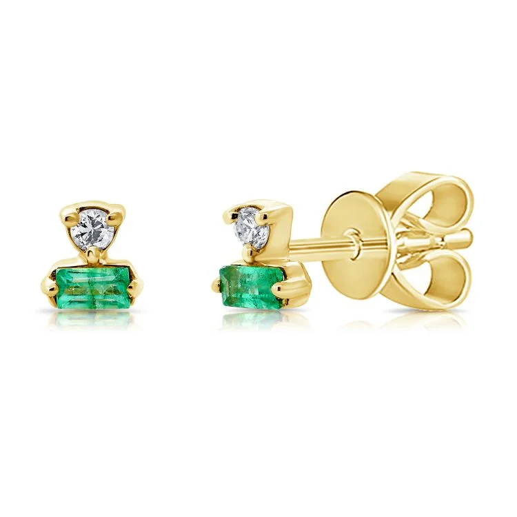 women's earrings everyday wear -14K Yellow Gold Diamond + Emerald Stud Earrings