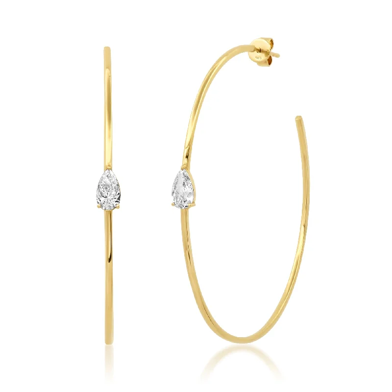 women's earrings minimalist -PEAR SUPER SOLITAIRE DIAMOND HOOPS, 14kt GOLD