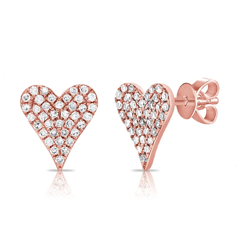 women's earrings rose gold -14K Rose Gold Diamond Pave Heart Stud Earrings