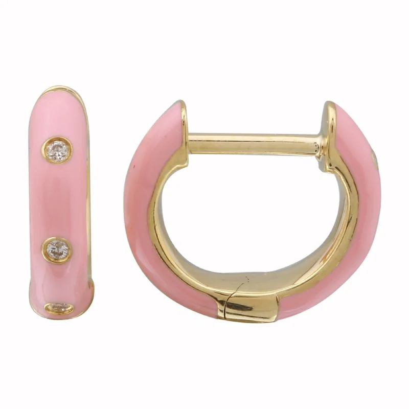 women's earrings unique design -14k Yellow Gold Warm Blush Enamel & Diamond Huggie Earrings