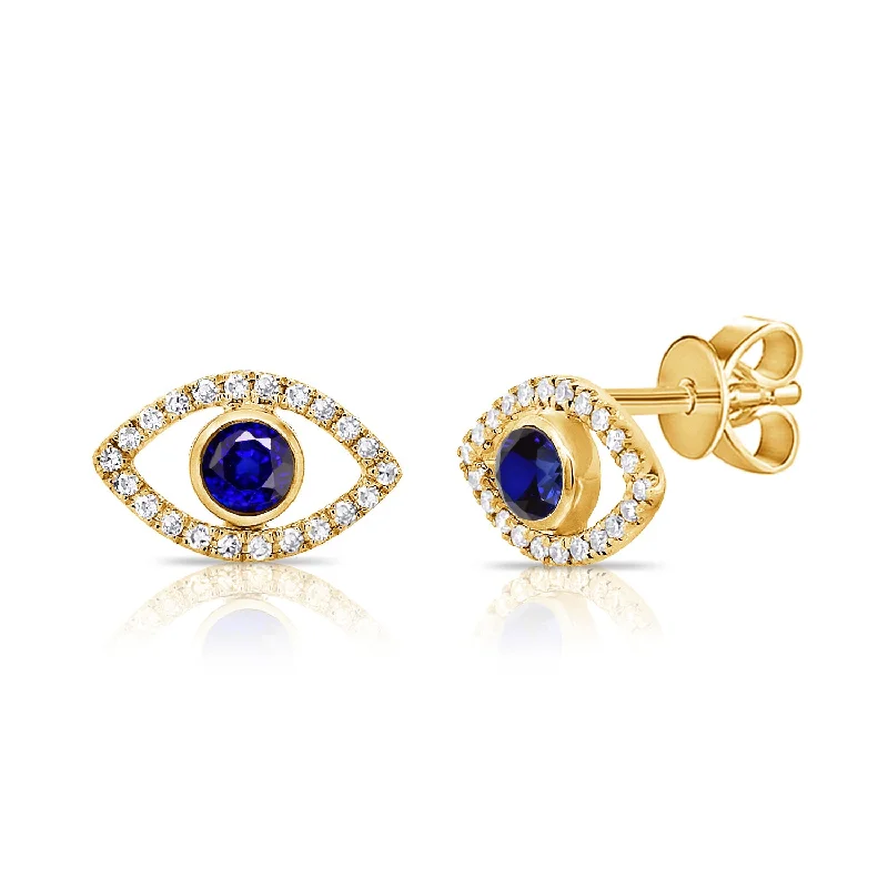 women's earrings stylish hoops -14K Yellow Gold Diamond + Sapphire Evil Eye Earrings