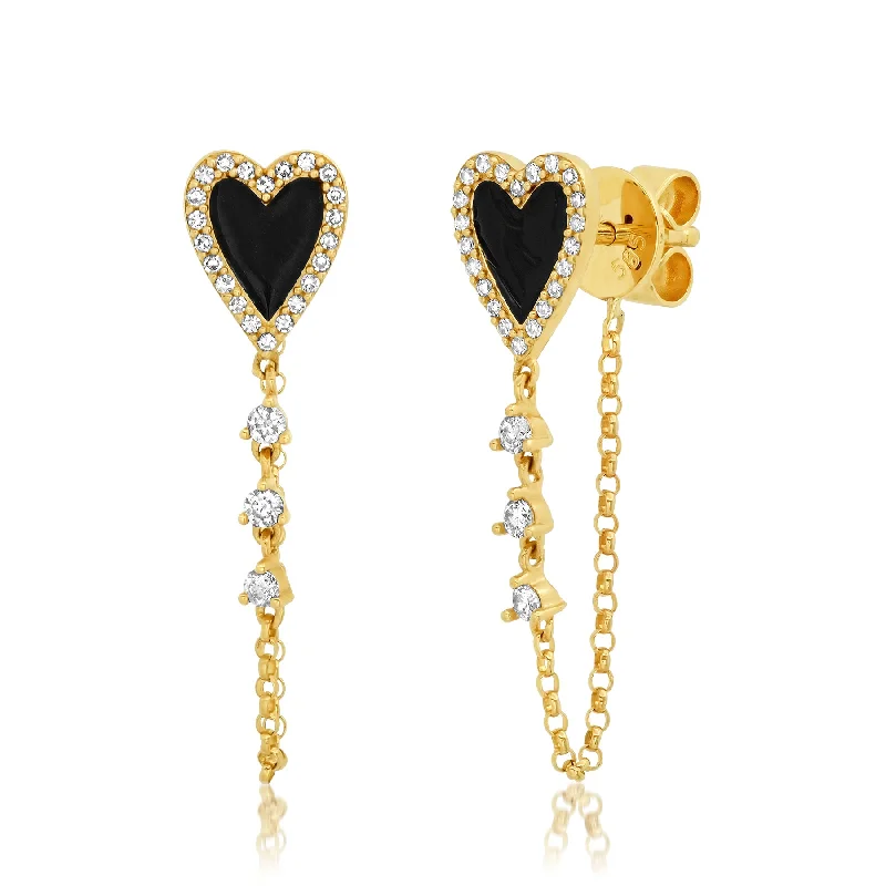 women's earrings dangle -BLACK ENAMEL HEART CHAIN EARRINGS, GOLD