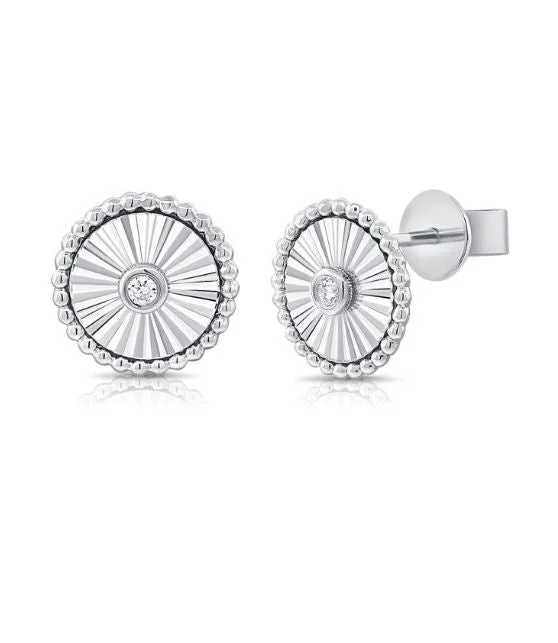 women's earrings twisted hoop -14K White Diamond Fluted Disc Stud Earrings