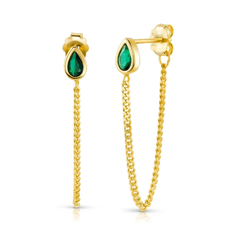 women's earrings celestial theme -GREEN TEARDROP CHAIN EARRINGS, GOLD