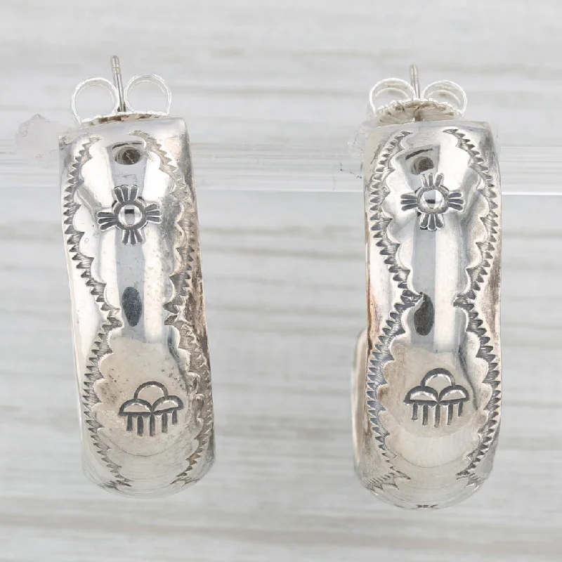 women's earrings halo setting -Vintage Navajo Native American Stamped Raincloud Hoop Earrings Sterling Silver