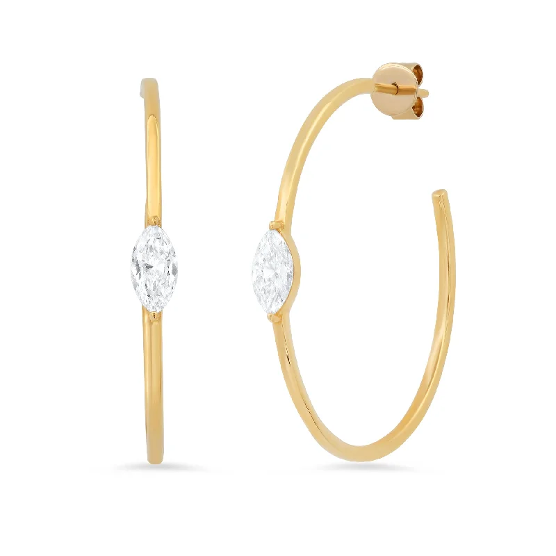 women's earrings statement piece -MARQUISE SOLITAIRE DIAMOND HOOPS, 14kt GOLD