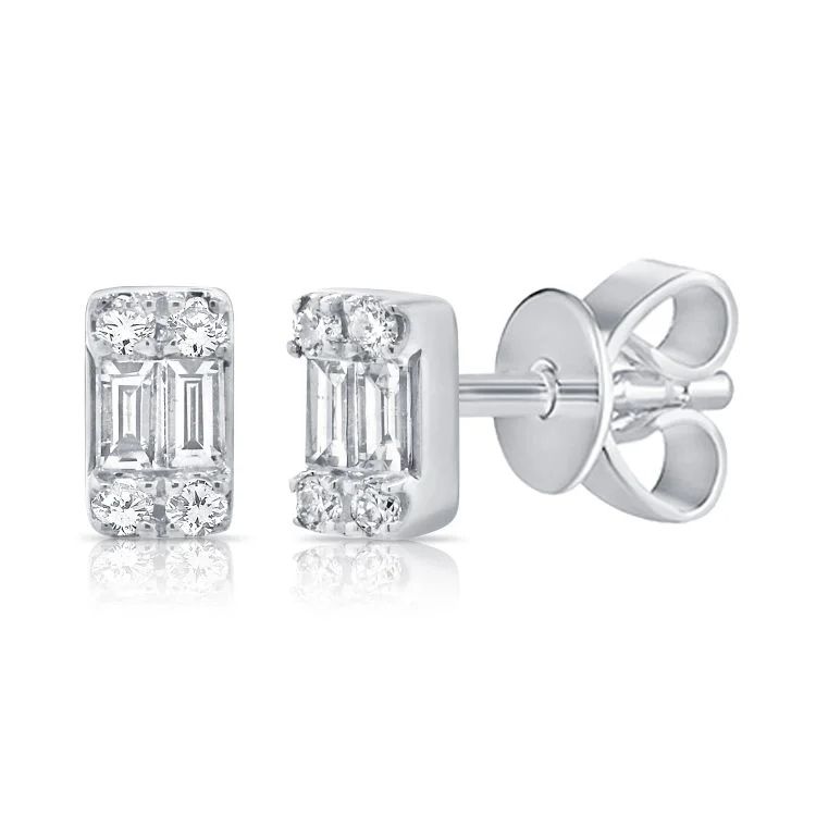 women's earrings bold fashion -14K White Gold Diamond + Baguette Stud Earrings