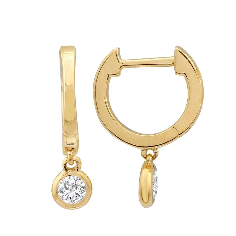 women's earrings flower design -14K Yellow Gold Bezel Set Diamond Huggie Earrings