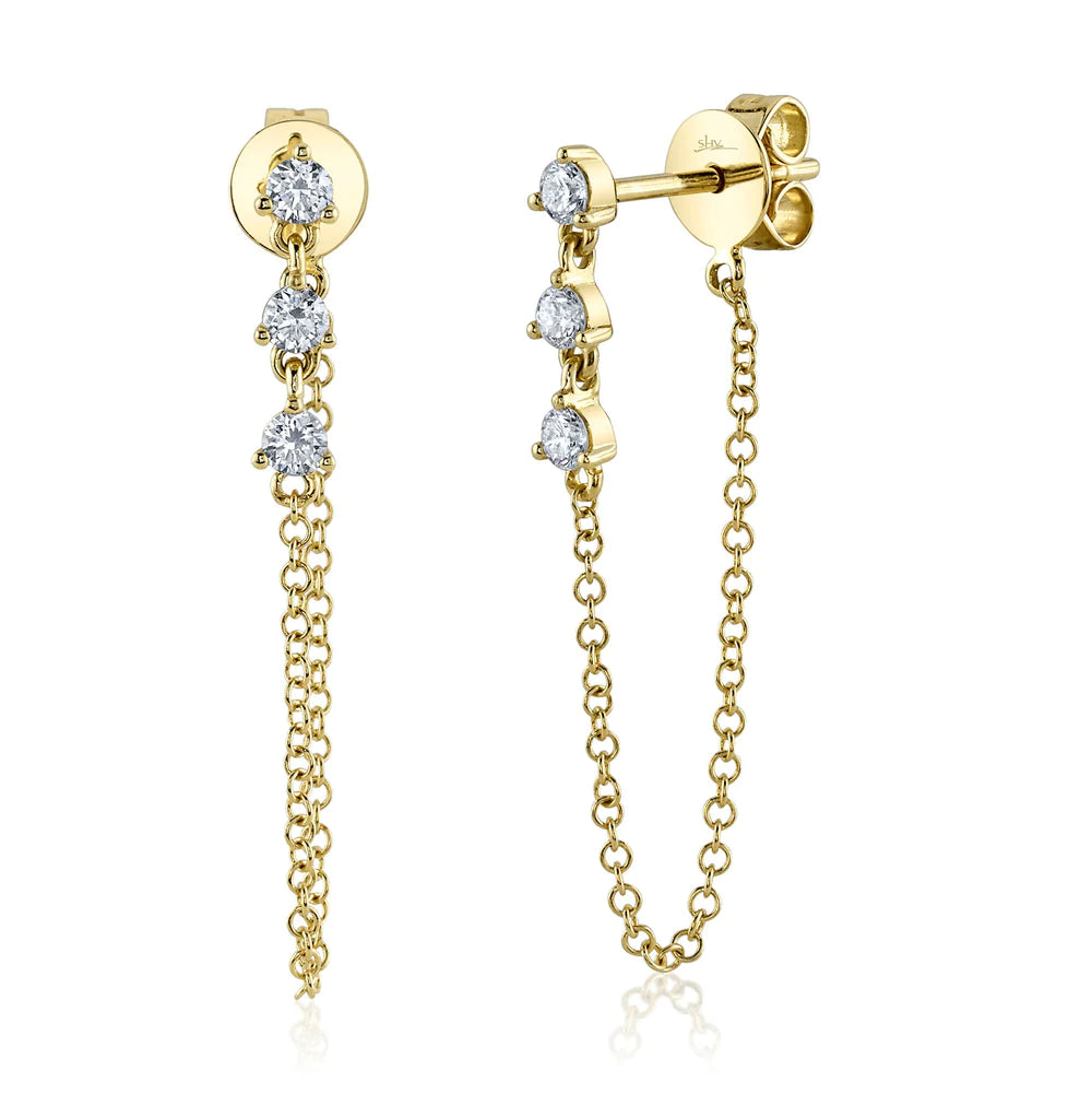 women's earrings nature elements -14K Yellow Gold Diamond Trio and Chain Earrings