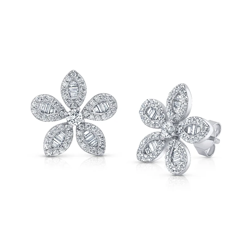 women's earrings floral pattern -BAGUETTE FLOWER EARRINGS, SILVER