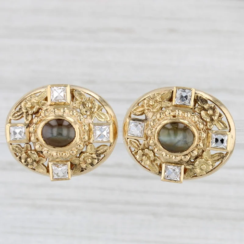 women's earrings elegant pearls -Julius Cohen Diamond Cat's Eye Floral Stud Earrings 18k 14k Yellow Gold