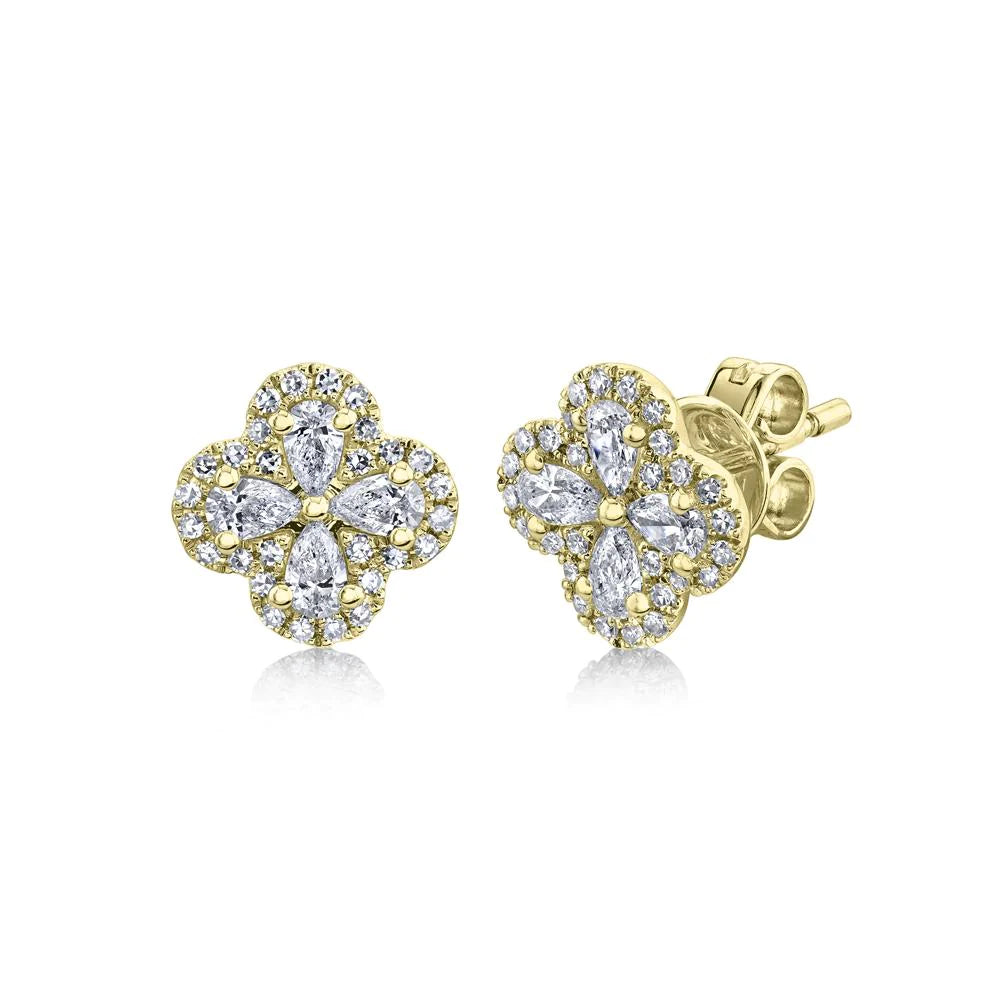 women's earrings elegant pearls -14K Yellow Gold Round and Pear Diamond Clover Stud Earrings