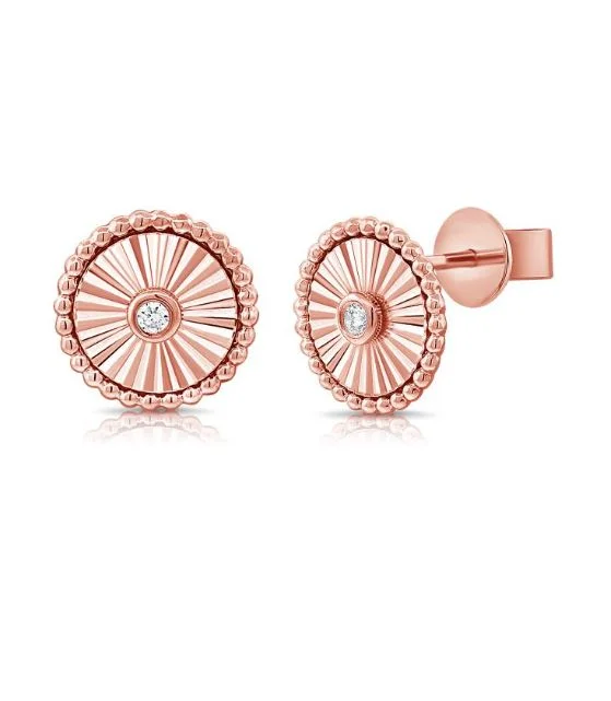 women's earrings chic design -14K Rose Gold Diamond Fluted Disc Stud Earrings