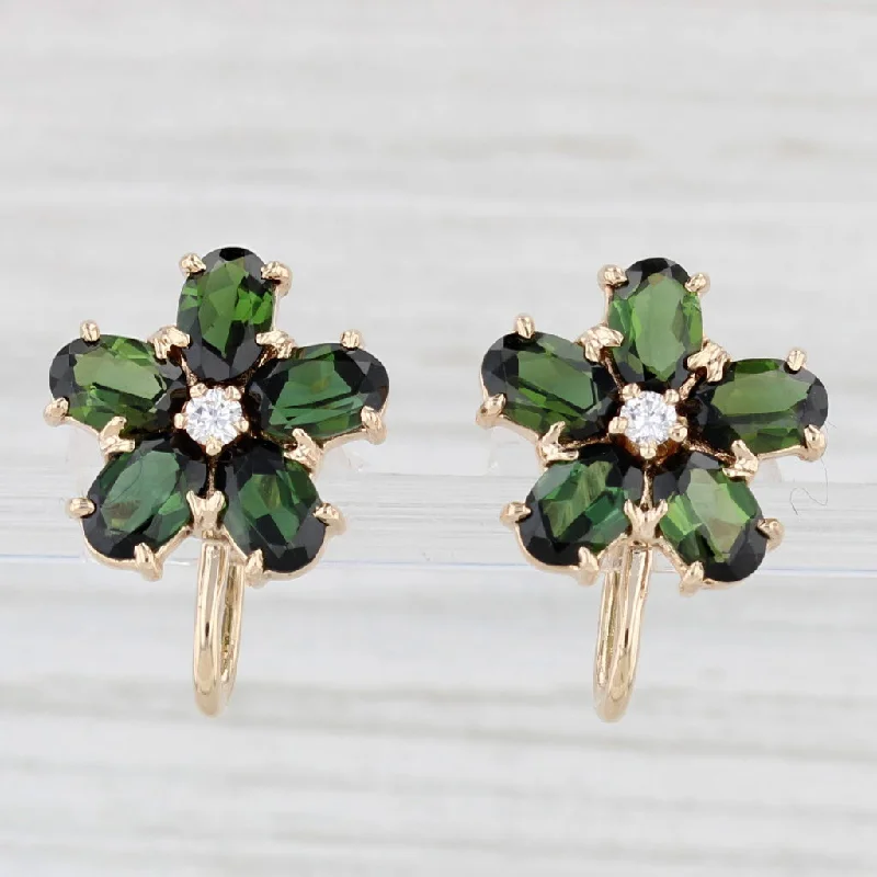 women's earrings vintage gold -4.80ctw Green Tourmaline Diamond Flower Earrings 14k Gold Non Pierced Screw Back