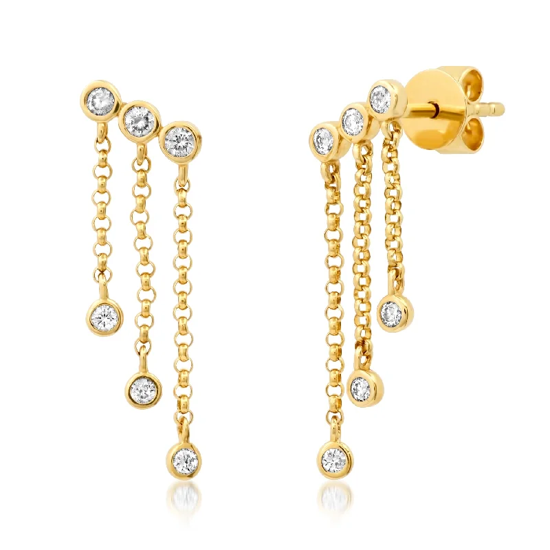 women's earrings oval shape -THREE LINE DIAMOND DROP EARRINGS, 14kt GOLD