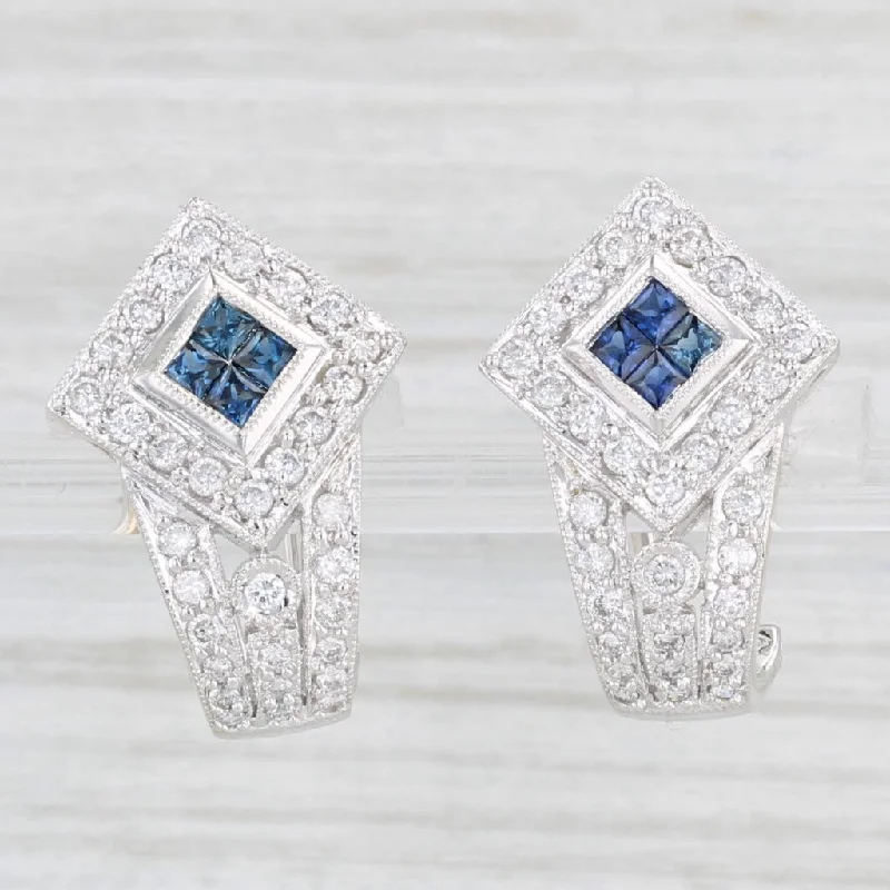 women's earrings modern fashion -1.06ctw Sapphire Diamond Drop Earrings 18k White Gold Omega Backs