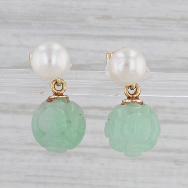 women's earrings art deco -Cultured Pearl Green Glass Carved Flower Bead Earrings 14k Yellow Gold