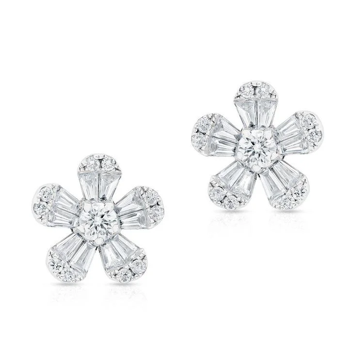 women's earrings for mother -14K White Gold Diamond Flower Stud Earrings (Small)