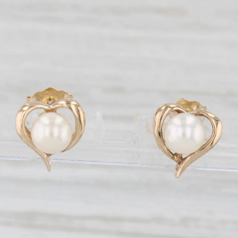 women's earrings bohemian design -Cultured Pearl Heart Stud Earrings 14k Yellow Gold