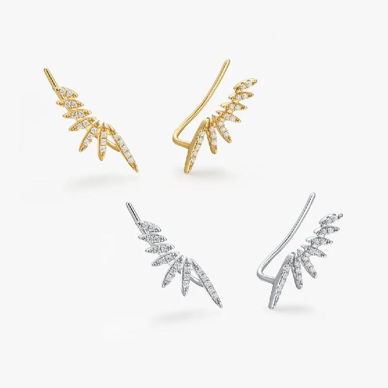 women's earrings mixed metal -Pave Feathered Ear Climbers